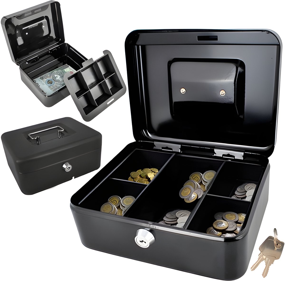 Malatec Geldkist met slot - zwart - PP/ijzer - 20 x 16 x 9 cm - geldbox - kluis/spaarpot - incl 2 sleutels