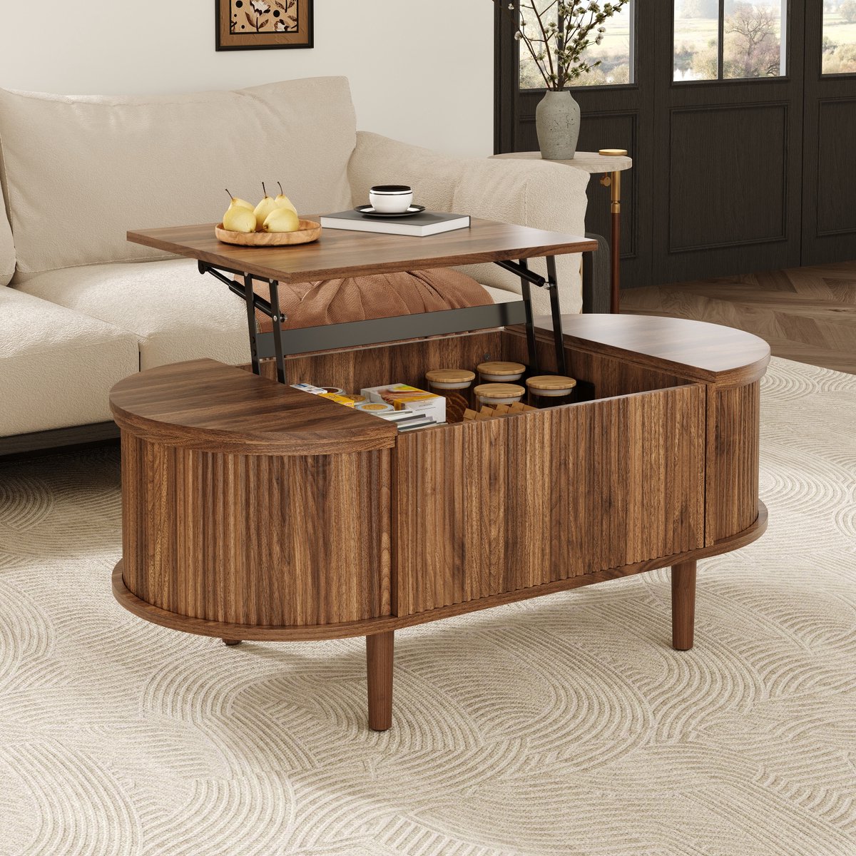 Ovale verstelbare salontafel – met opbergruimte – retro-stijl – salontafel voor de woonkamer – multifunctionele opbergtafel – massief houten poten – modern multifunctioneel meubel