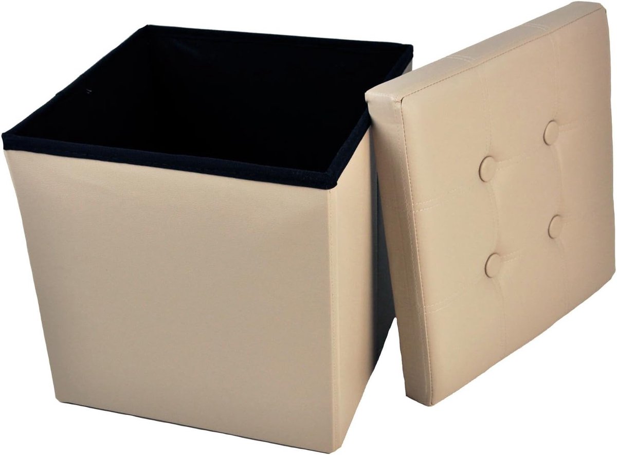 Opberg Poef - Voetenbank Hocker - Extra Zitplek Opbergen - Opvouwbaar Design - 38x38x38 cm - Beige