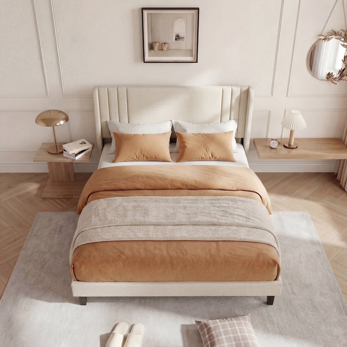 Tweepersoonsbed 160x200 cm – Gestoffeerd Bedframe met Gestreept Hoofdbord – Zacht Linnen – Stevig en Modern Design