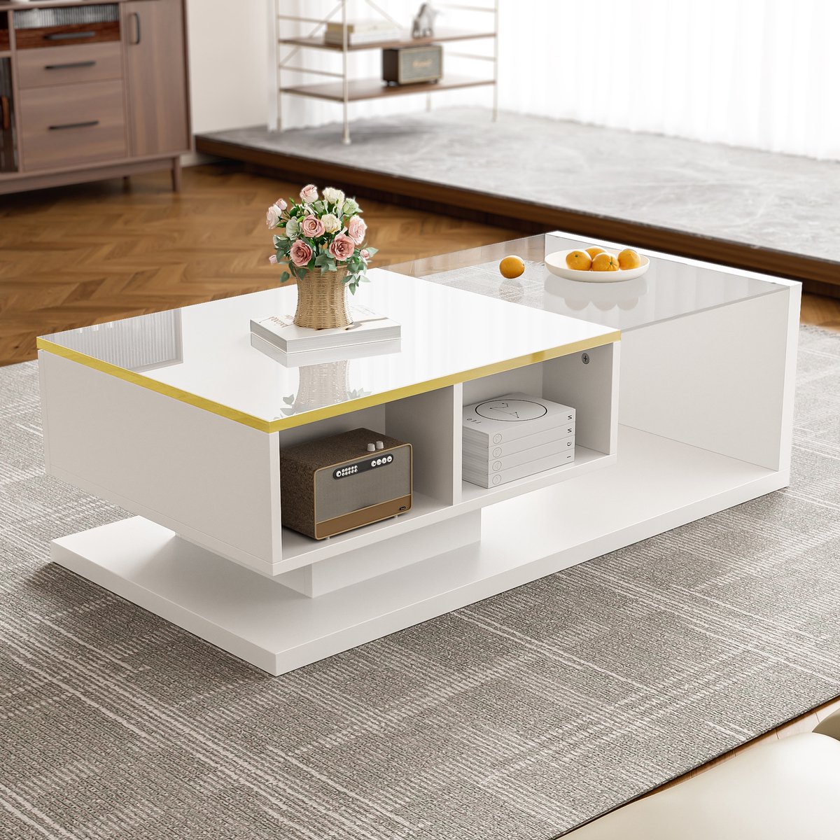 Wishdor Salontafel - Gehard Glas En Dimbare Ledverlichting - Modern - Voor De Woonkamer - Spaanplaat - Wit - 100 X 50 X 32,5 Cm