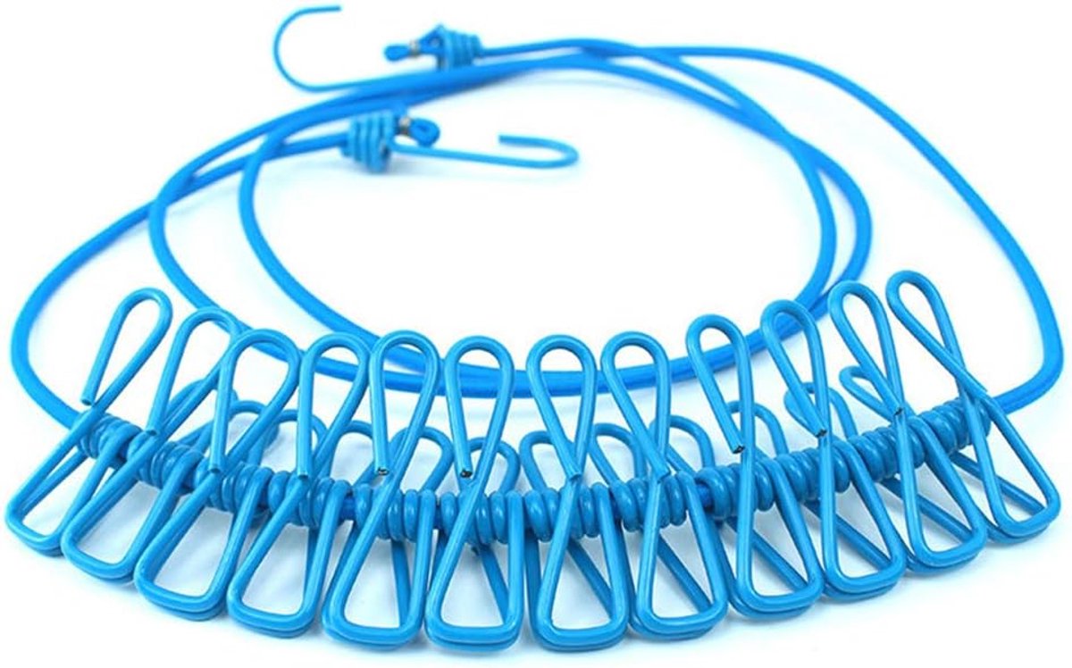 Waslijn met Clips - Drogertouw - Buiten Wassen - Verstelbare Lengte - 12 Clips - Blauw