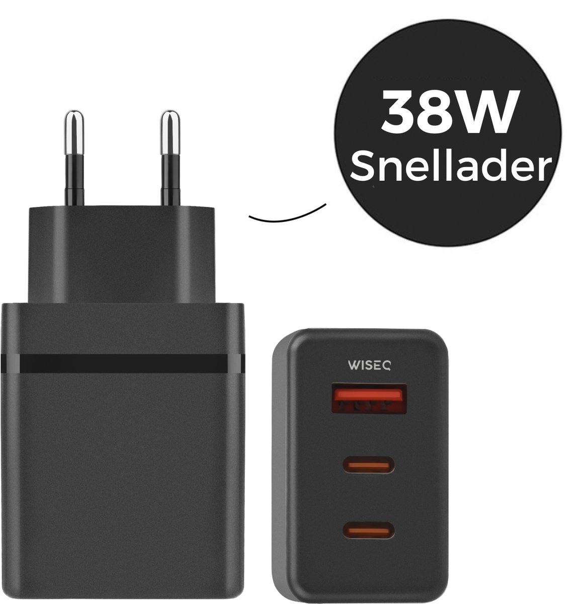 Universele Adapter - 38W Snellader USB C Adapter – 3 Poorten 2x USB C + USB A – Fast Charger – Voor Meerdere Apparaten – Zwart - WiseQ