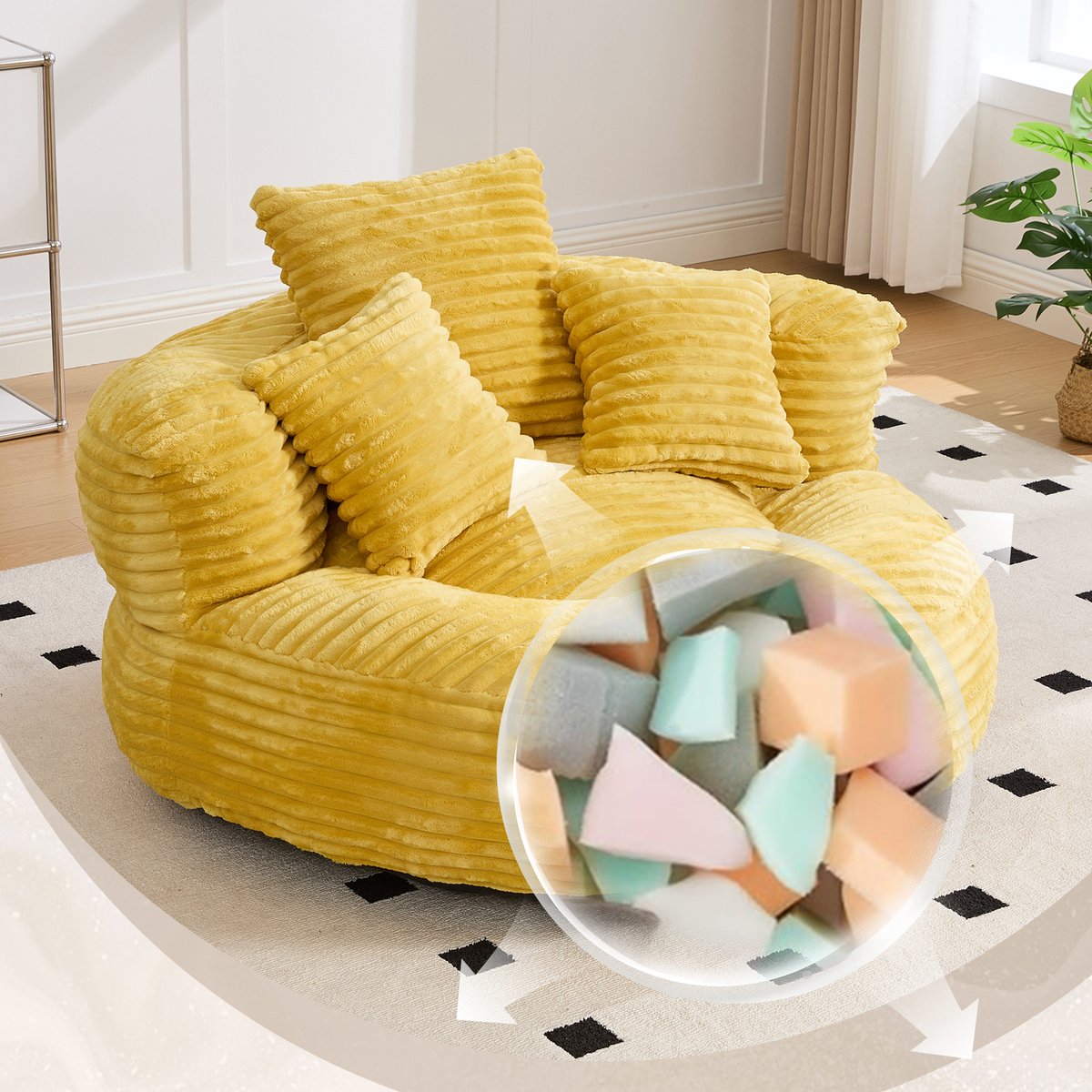 MODFU - Zitzakstoel - Hoge Rugleuning En Armleuningen - Voor Woonkamer - Ribstof - Mosterdgeel - 108 X 108 X 52 Cm
