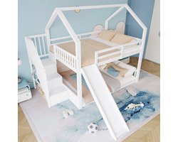 MODENUIT Stapelbed 140x200 cm – Huisbed met Glijbaan – Opbergtrap – Kinderbed met Hek – Grenen en MDF – Zonder matras – Wit