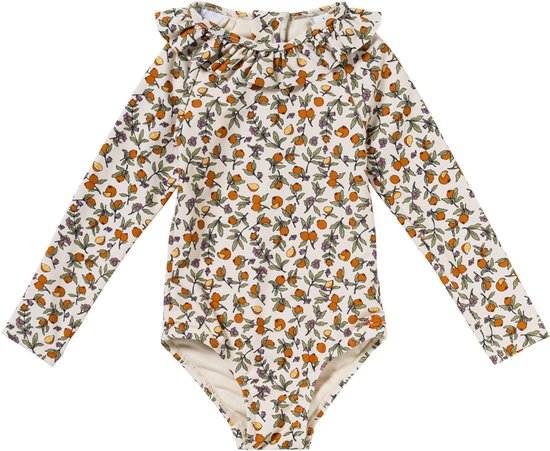 Badpak met lange mouwen, beige met oranje bloemen en groene blaadjes, met ruches.