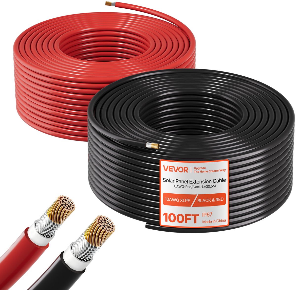 VEVOR Solar Kabelverlenging, 30,5 M Zwart & 30,5 M Rood, 10 Awg Solar Verlengkabel, Vertinde Koperkabel voor Off-Grid Fotovoltaïsche Systemen Op Huis, Voertuig, Camper, Boot, IP67
