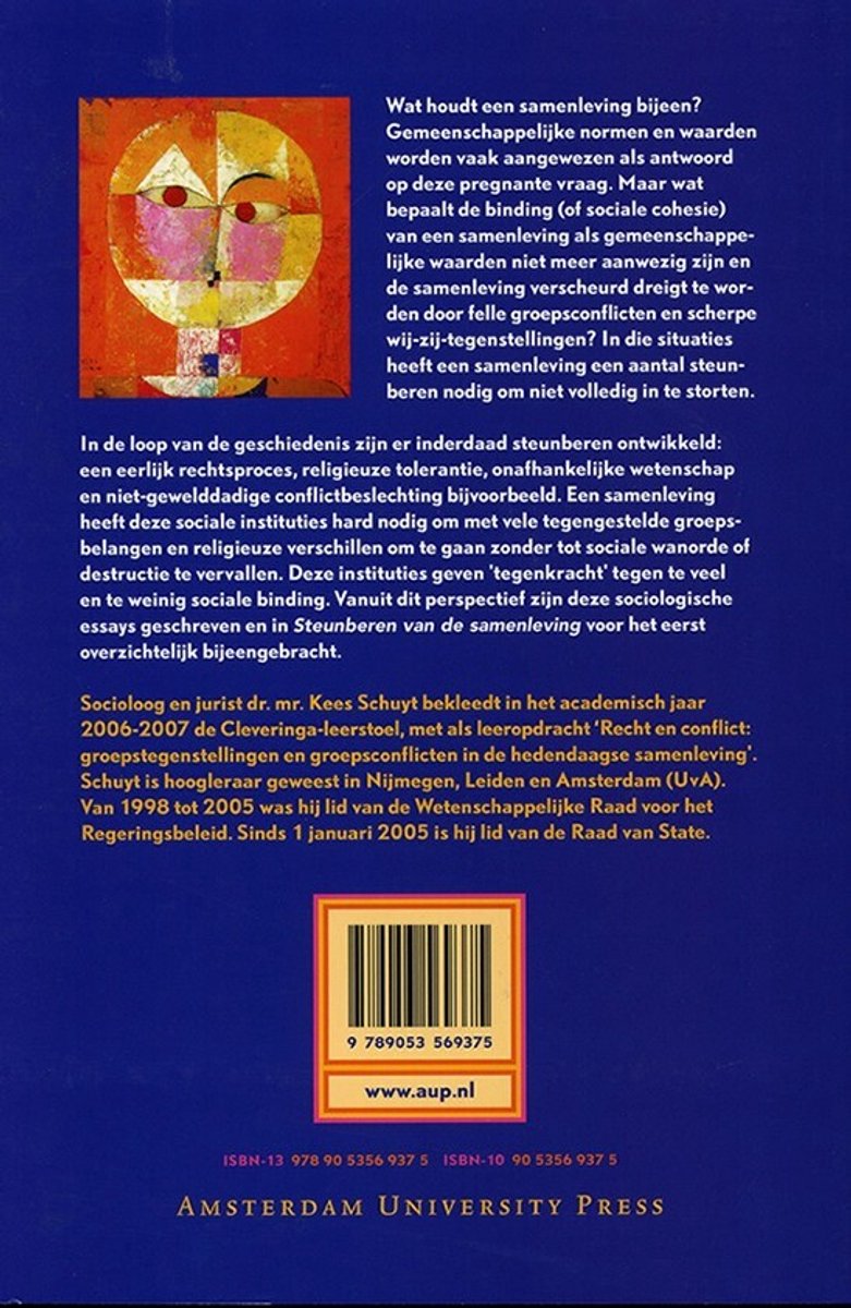 Achterkant van een boek met een abstract portret en tekst over 'Steunberen van de samenleving'.