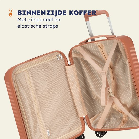 Open roestbruine koffer met ritssluiting, elastische banden en een mesh-vak.