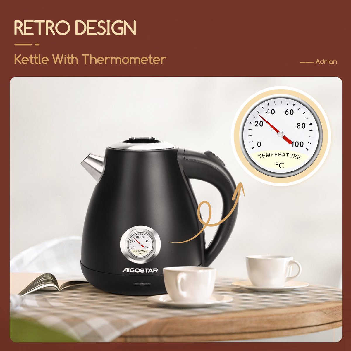 Aigostar Waterkoker Retro - BPA Vrij - 1,7 Liter - Elektrische Waterkoker - BPA-vrij - Anti calcium filter - RVS - 2200W- Zwart — afbeelding 4