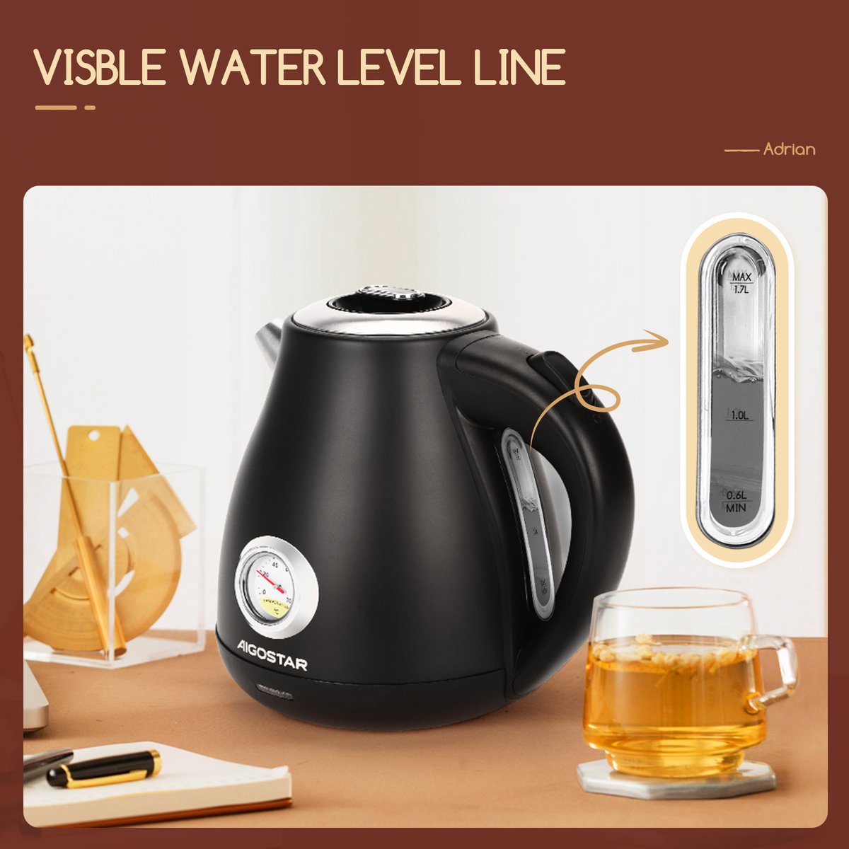 Aigostar Waterkoker Retro - BPA Vrij - 1,7 Liter - Elektrische Waterkoker - BPA-vrij - Anti calcium filter - RVS - 2200W- Zwart — afbeelding 7