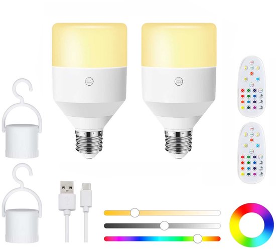 Draagbare LED Lamp, 2 stuks Oplaadbare E26 LED Lampen met Afstandsbediening, Dimbare Lamp met 11 Kleuren en 3 Timerfuncties, 2000mAh Batterij, Voor Binnen en Buiten van Lamppro — afbeelding 3