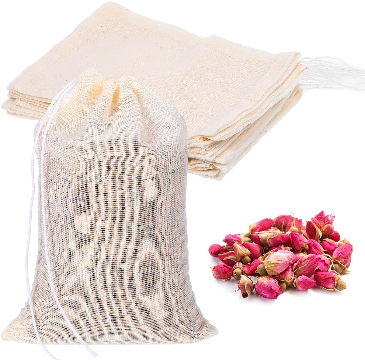 Giantree 30 Stuks Herbruikbare Katoenen Theezakjes Sachets voor Koken en Thee Brouwen, Mesh Filterzakjes met Trekkoord, 10x15 cm