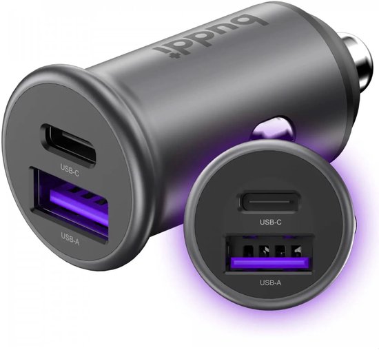 Buddi Power USB-C Autolader - USB + USB-C Poort - Twee poorten - Met snelladen - 45W - Compact - Telefoon oplader voor in de auto - Geschikt voor sigarettenaansteker - 12 Volt stekker - 12v -