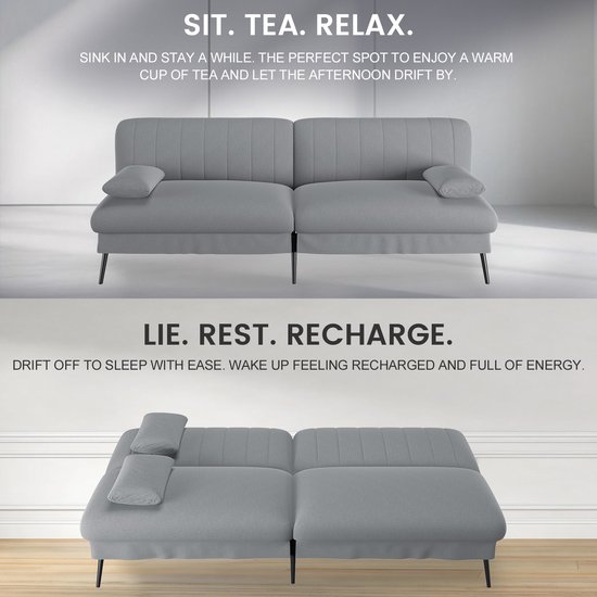 Grijze slaapbank in zitpositie met kussens, en in ligpositie met kussens. Tekst: 'SIT. TEA. RELAX.' en 'LIE. REST. RECHARGE.'