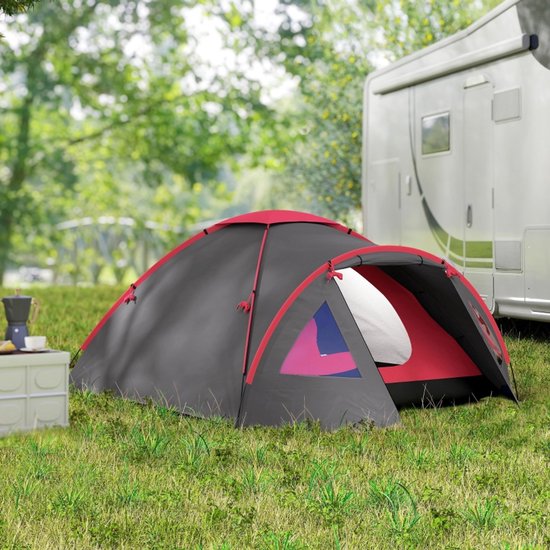 Campingtent 3 persoons OUTSUNNY- koepeltent familietent waterdicht 2000 mm - lichtgewicht tent met veranda - UV 50+ - met grondzeil, ramen en hordeur - voor camping, trekking en tuin - grijs - 315 x 215 x 130 cm van Merkloos — afbeelding 5