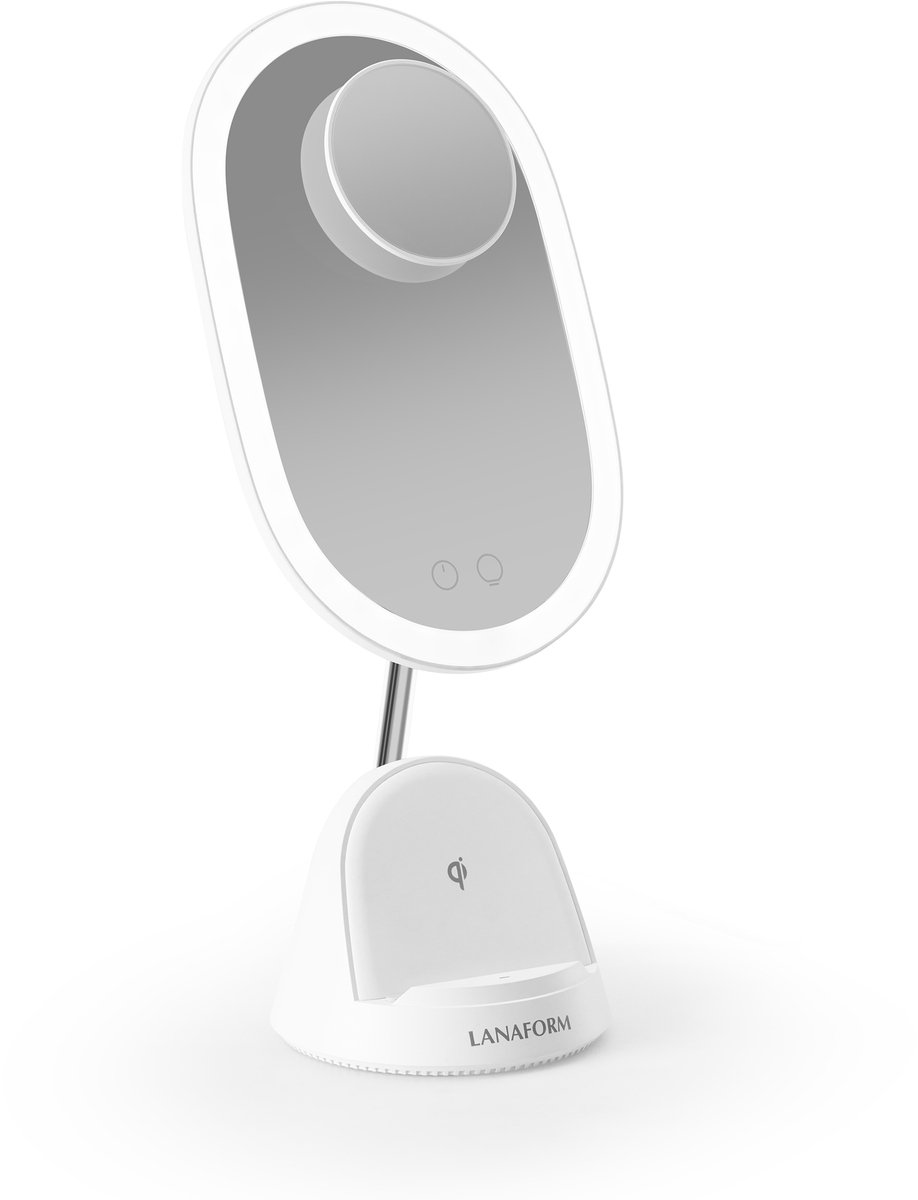 Lanaform - LumiCharge - LED Make-upspiegel - Magnetisch 3x Vergrotend Oppervlak - 10W Draadloos Oplaadstation Voor Smartphone - Verbonden Beautyaccessoire - Instelbare Verlichting Met 3 Intensiteitsniveaus - Helderheid Met 3 Lichttinten