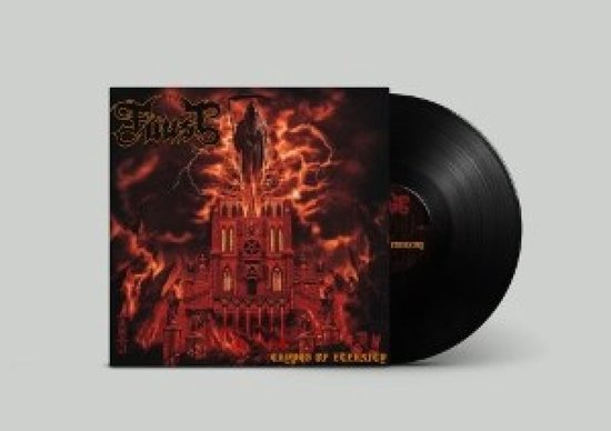Albumhoes van 'Crypts of Eternity' met een vurige kerk en een vinylplaat.