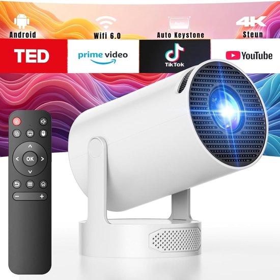 Mini beamer projector zwart draagbaar 1080p Full HD 4K Wi-Fi 6 Bluetooth 220° draaibaar keystone