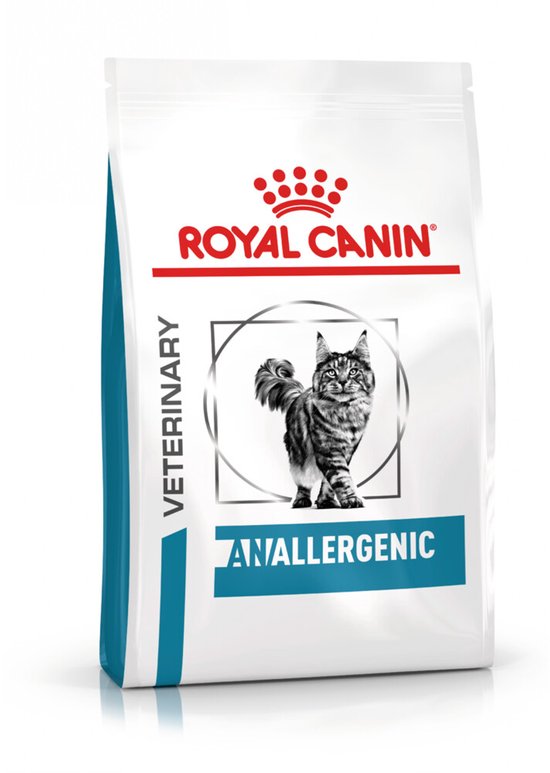 Zak Royal Canin Veterinary Anallergenic kattenvoer met een afbeelding van een Maine Coon kat.