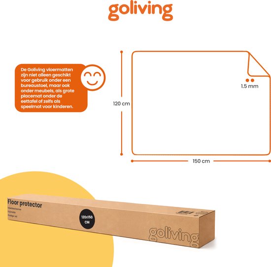 Goliving vloerbeschermer, 120x150 cm, 1.5mm dik. Een transparante mat van PVC.