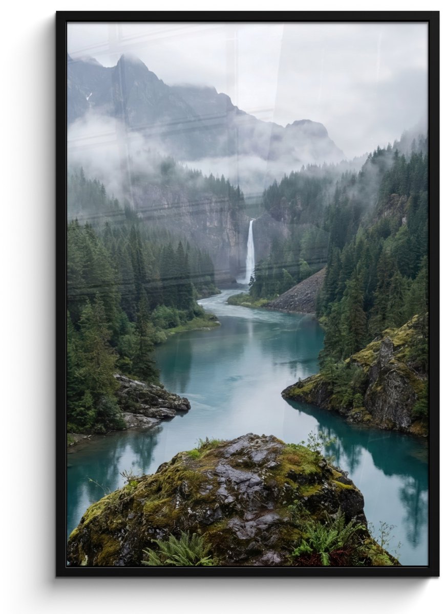 FrameYourWall Poster in lijst - Fotolijst 80x120 cm - Posters - Waterval - Bomen - Bergen - Posterlijst zwart - Decoratie - Wanddecoratie woonkamer - Muurdecoratie slaapkamer