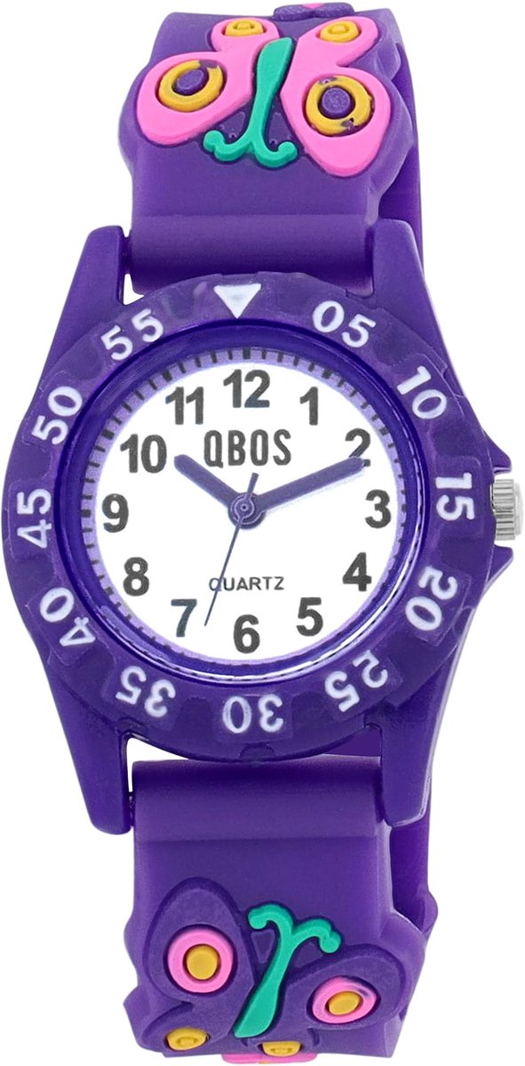 QBOS QBOS kinderhorloge 4500051 Siliconen band, kleurrijk, vlindermotief, D 28 mm