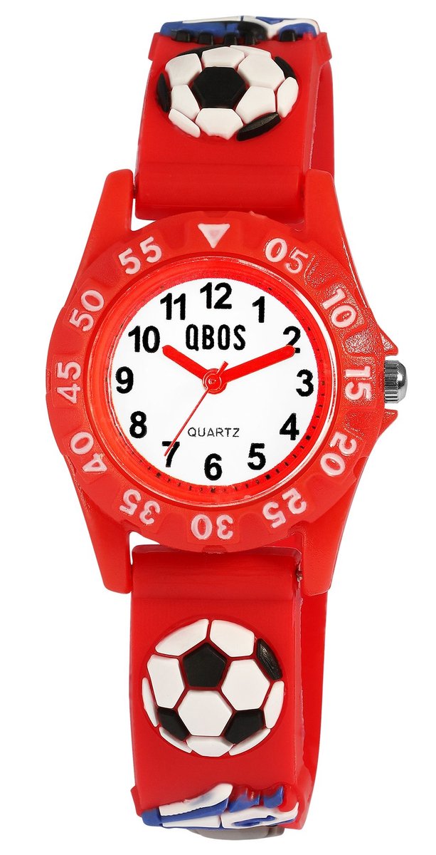 QBOS QBOS kinderhorloge 4500045 Siliconen band, kleurrijk, voetbalmotief, D 28 mm