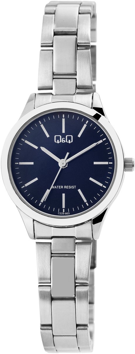 QQ C229-803Y - Horloge - Analoog - Vrouwen - Dames - Stalen band - Rond - Metaal - Streepjes - Zilverkleurig - Blauw