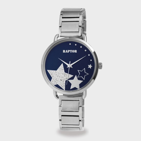 Zilverkleurig horloge met donkerblauwe wijzerplaat met sterren, waarvan één bezet met strass steentjes. 'RAPTOR' logo boven.