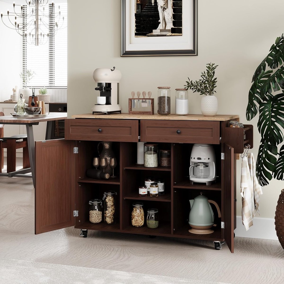 Keukeneiland op wielen 131,3 x 44,7 x 89,2 cm met inklapbaar werkblad, opbergkast, kruidenrek en handdoekhouder – Multifunctionele rollende keukentafel / keukenwagen bruin – Laura