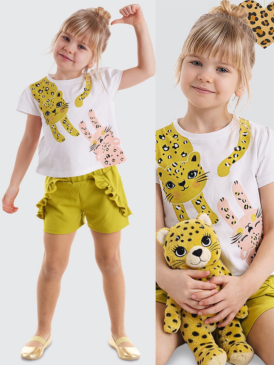 Denokids CFF-21Y1-065 Wit & Groen Meisjes T-Shirt & Shorts Set Kattenprint 110