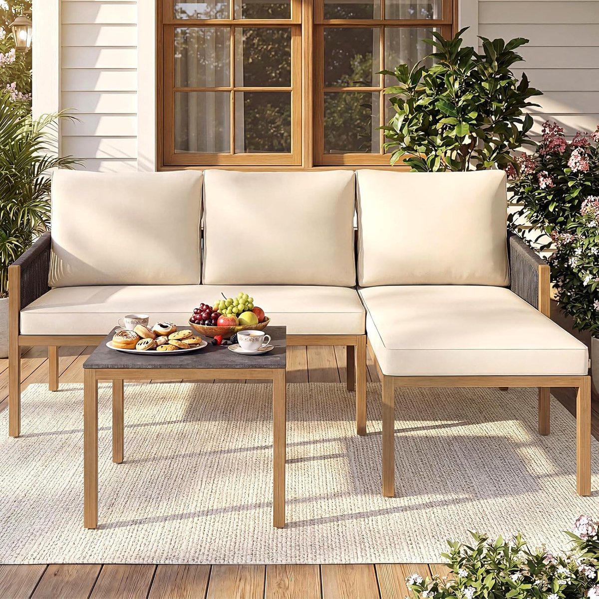 Tuin Loungeset 171x118x64 cm – 4-delige Balkonset L-vorm met Touw Design, Marmerlook Tafel, Comfort Kussens & Metalen Frame – Beige – Laura