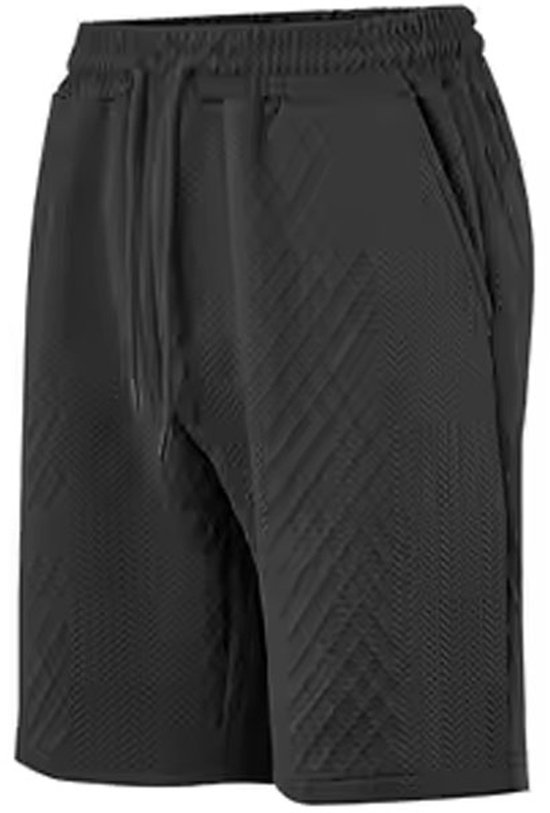 Zwarte korte broek met trekkoord, steekzakken en subtiel ruitpatroon.
