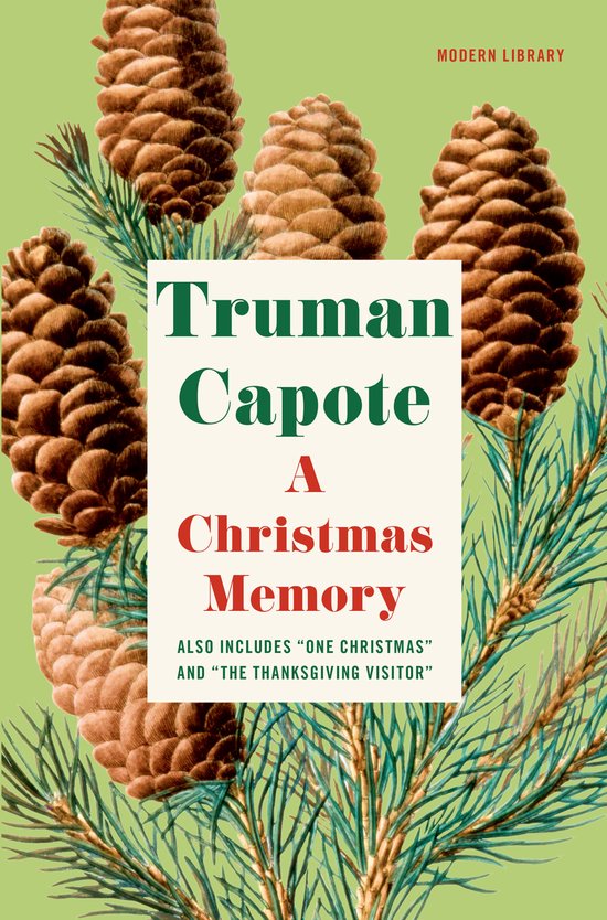 Boekcover met dennenappels, denne takken en de tekst 'Truman Capote A Christmas Memory'.