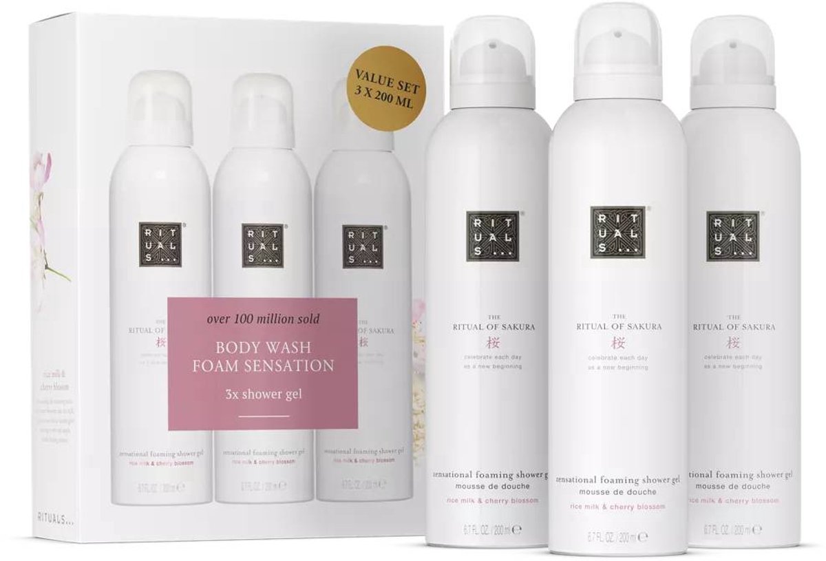 Rituals - Doucheschuim - 3x 200 ml - Ritual of Sakura - Rijstmelk Kersenbloesem - Foaming Shower Gel - Douchegel - Badschuim - Douchefoam - Shower Foam - Douche Foam - 3 Producten - Geschenkset Vrouwen - Dames - Vrouw