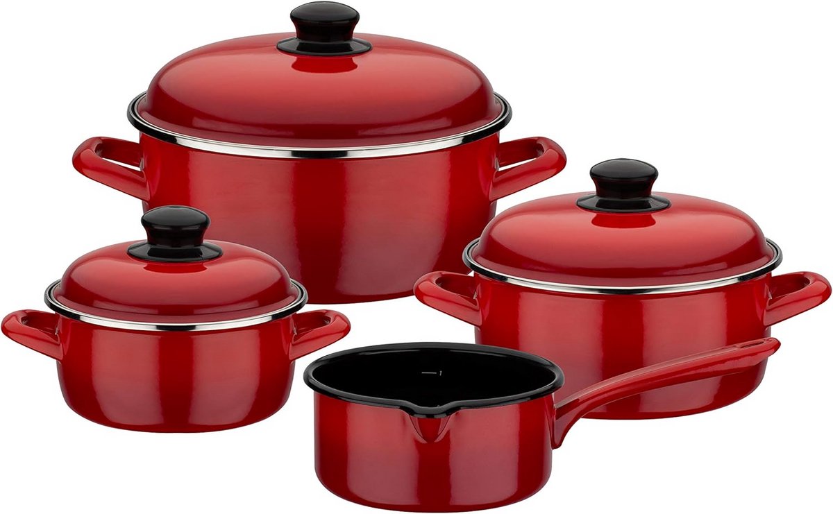 7-delige Kookpannenset Staal Emaille Rood - Geschikt voor Alle Warmtebronnen
