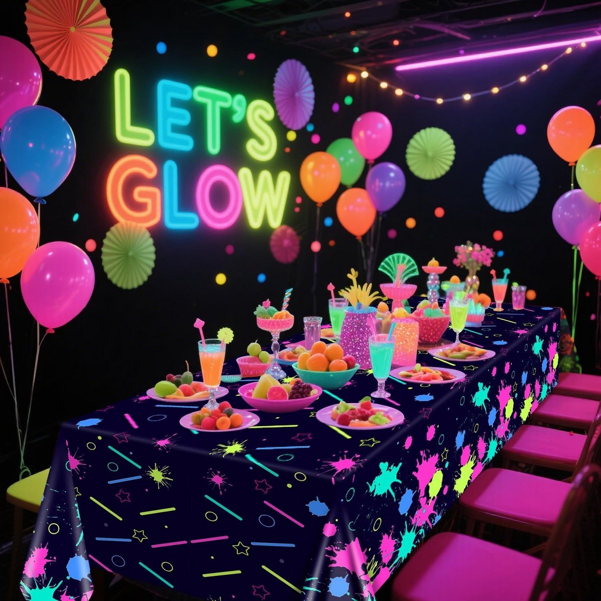 Gloeiparty Tafelkleden Set van 4, Neon Effect, Geschikt voor Blacklight Feesten