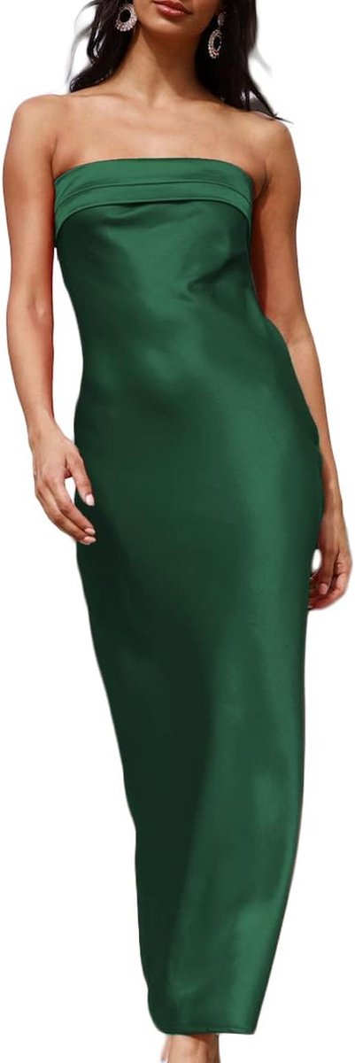 Elegante Satijnen Maxi Jurk Zonder Bandjes met Laag uitgesneden Rug voor Dames