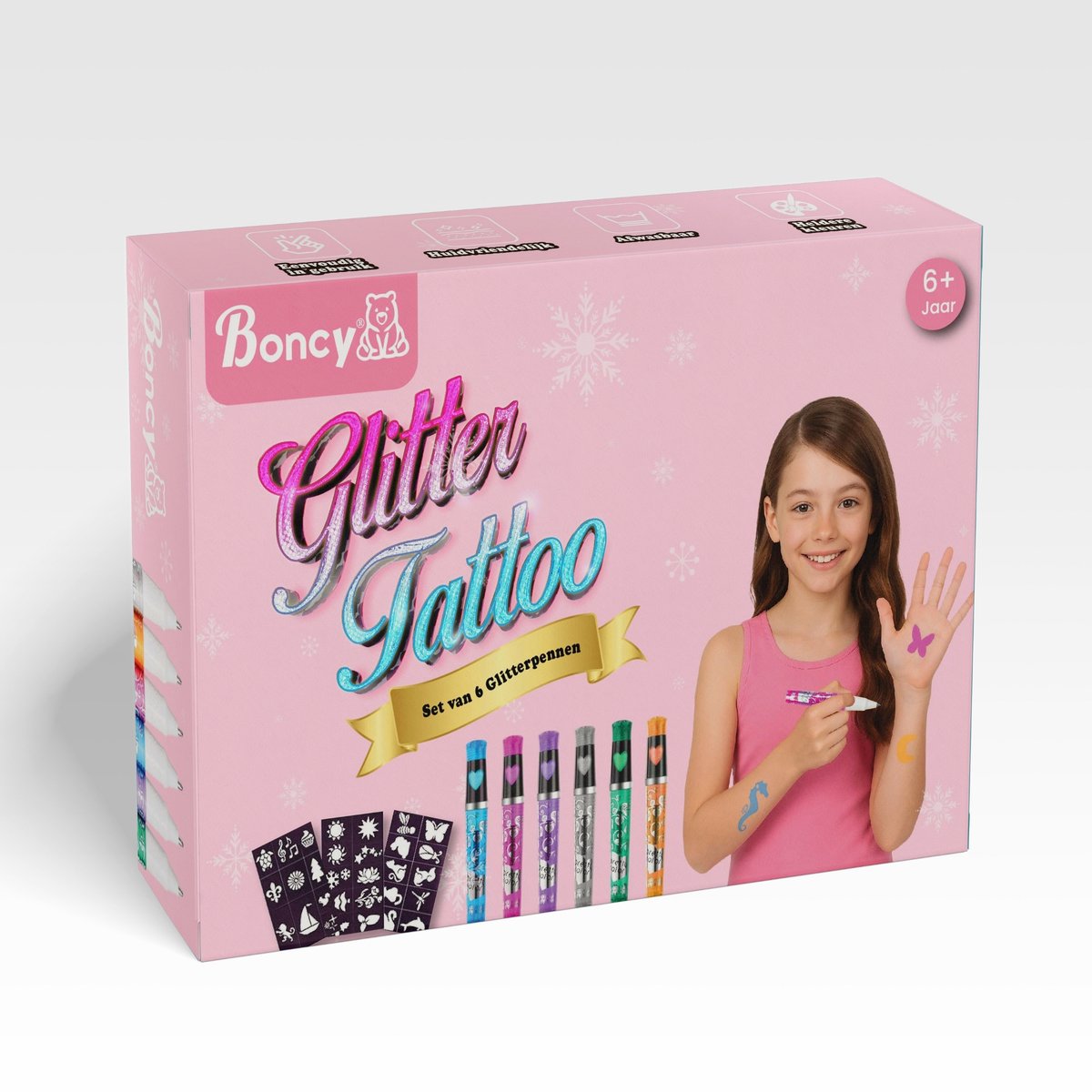 Boncy® XXL Glitter Tattoo Set - Schmink Tattoos Body Glitters - Incl. Sjablonen en Glitterstiften - Tijdelijke Nep Tatoeages Voor Kinderen & Volwassenen - Glittergel Gezicht - Temporary Kinder Gel Neptattoos - Plak Lijm Tatoeage - Neptattoo Haar Face — afbeelding 9