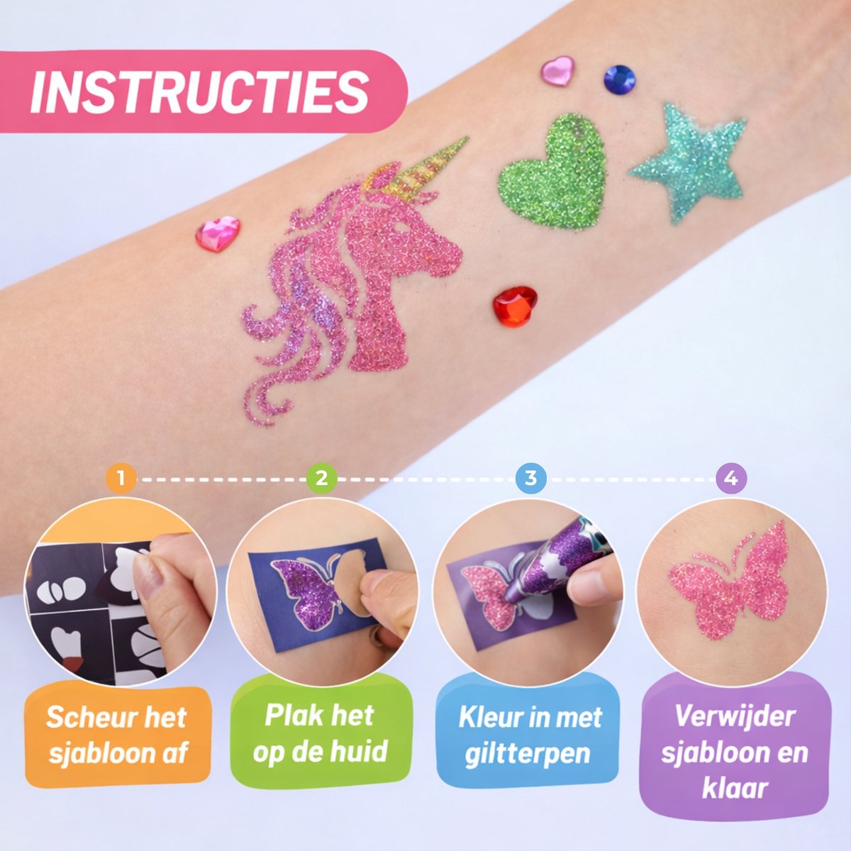 Boncy® XXL Glitter Tattoo Set - Schmink Tattoos Body Glitters - Incl. Sjablonen en Glitterstiften - Tijdelijke Nep Tatoeages Voor Kinderen & Volwassenen - Glittergel Gezicht - Temporary Kinder Gel Neptattoos - Plak Lijm Tatoeage - Neptattoo Haar Face — afbeelding 6