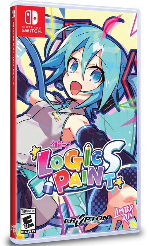 Nintendo Switch spelhoes met Hatsune Miku in anime stijl, kleurrijk, met de tekst "HATSUNE MIKU LOGIC PAINT S"