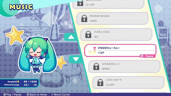 Screenshot van "Music" in "Hatsune Miku Logic Paint S" met Hatsune Miku, gele sterren en een lijst met liedjes.
