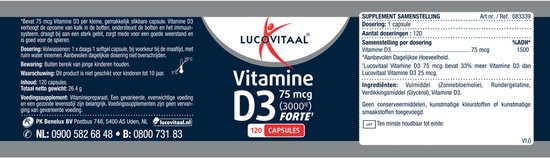 Verpakking van vitamine D3 met informatie over dosering, inhoud en samenstelling. "Vitamine D3 75 mcg (3000IE) FORTE".