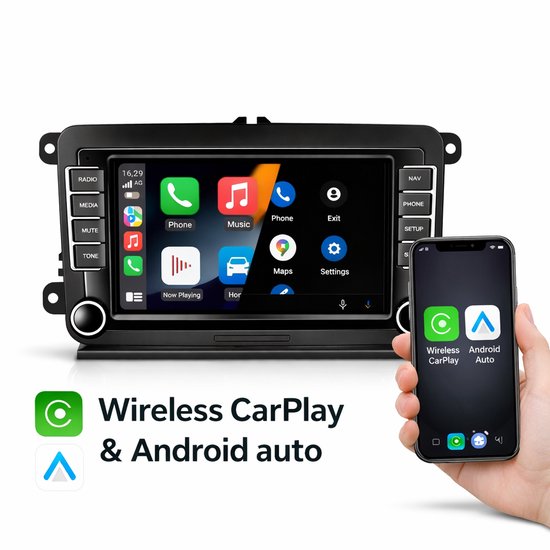 Autosysteem met touchscreen met app-icoontjes en een hand die een smartphone vasthoudt met Wireless CarPlay & Android auto logo.