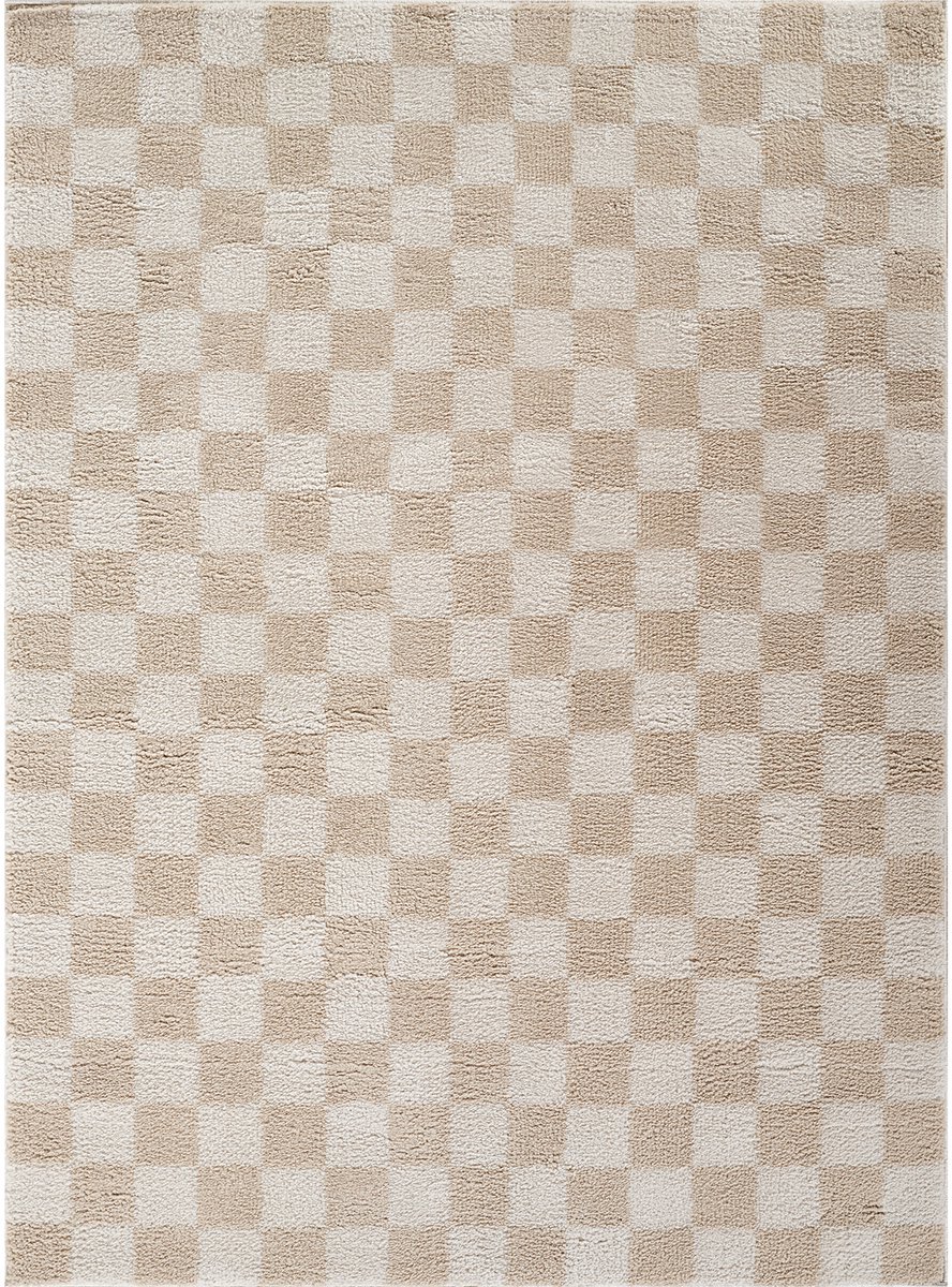SURYA - IZALINE Shaggy Tapijt Geruit Wasbaar Beige