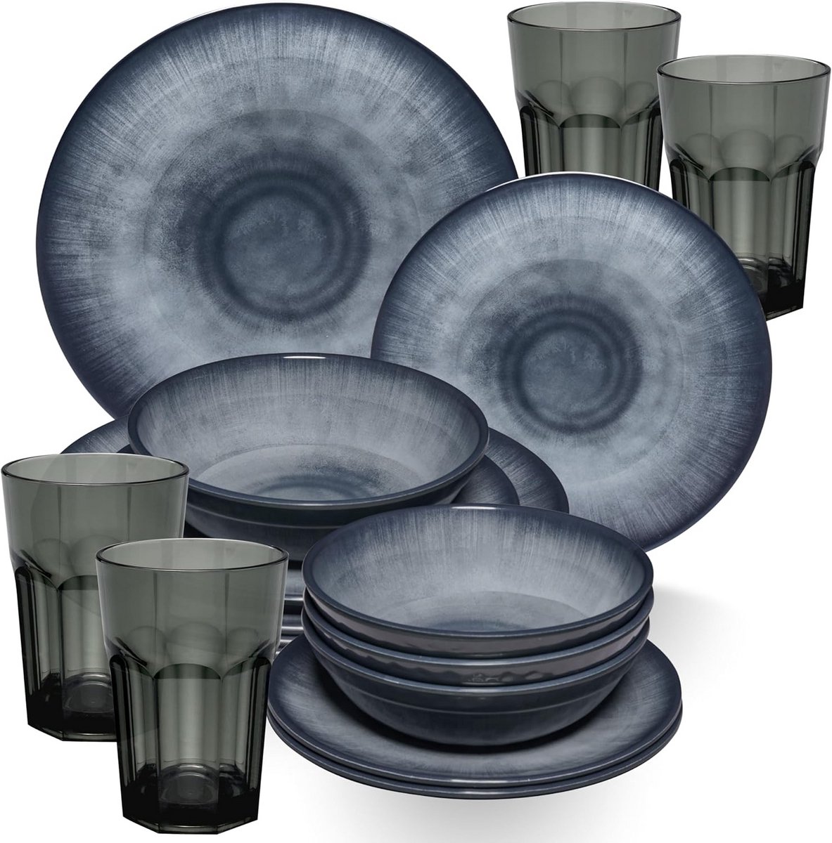 Compleet Melamine Servies Set Grijs voor 4 Personen - 16 Delen Inclusief Acryl Drinkglazen