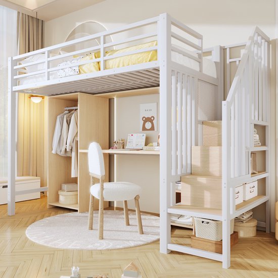 STILVORA Hoogslaper 90x200 cm – Bed Met Kast En Bureau – Trap Met Opbergruimte – Ruimtebesparend Voor Kinderkamer – Metaal En MDF – Zonder matras – Wit