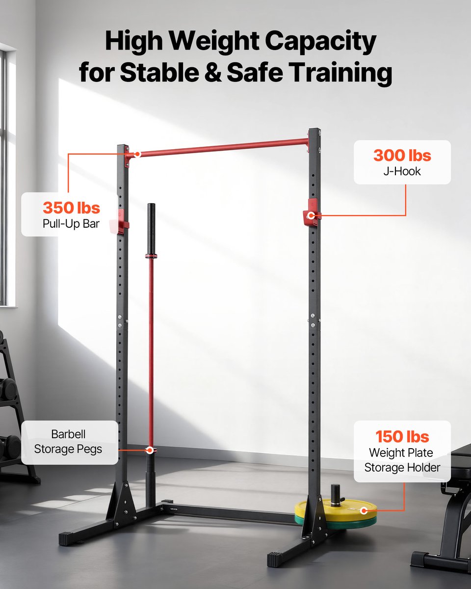VEVOR Power Rack, 362,87 KG Draagvermogen, Multifunctioneel Squat Rack voor Thuisgym, Krachttrainingsapparaat met 28-Voudig Verstelbare J-Haken voor Barbell Squats, Pull-Ups en Gewichtheffen. thumbnail 4