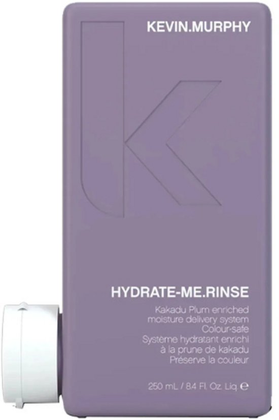Bouteille KEVIN.MURPHY Hydrate-Me.Rinse violette avec logo K et bouchon blanc.